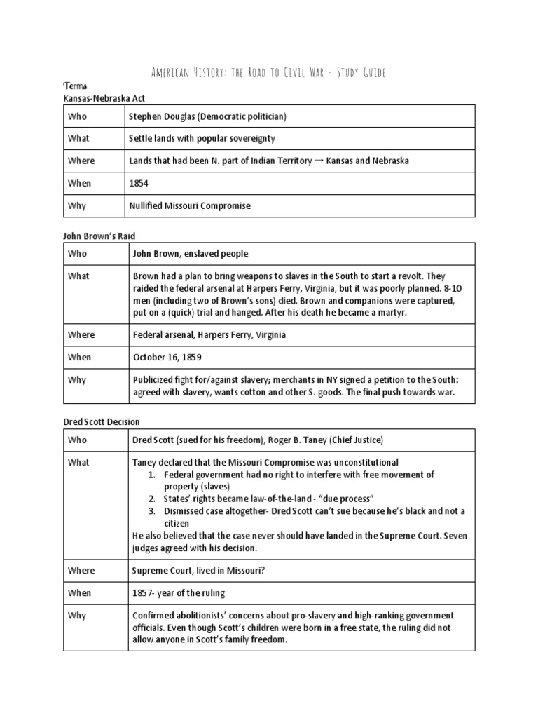 American History: The Road To Civil War - Study Guide | PDF