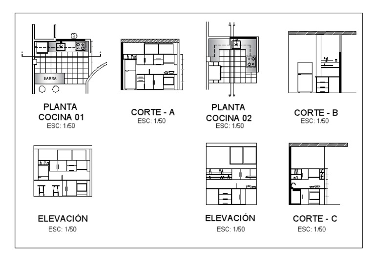 Planos y Cortes de Cocinas Arquitectónicas | PDF