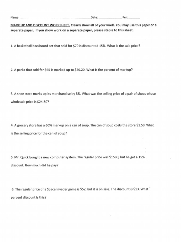 Markup and Discount  PDF Pertaining To Markup And  Discount Worksheet