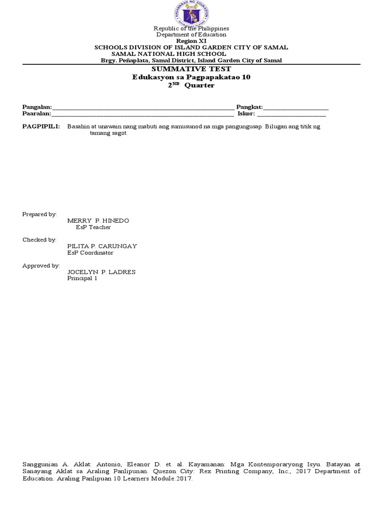 ESP 10 2nd Quarter Summative Test | PDF