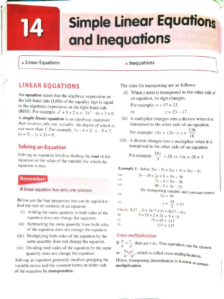 Maths CH-14 Simple Linear Equations and Inequation | PDF