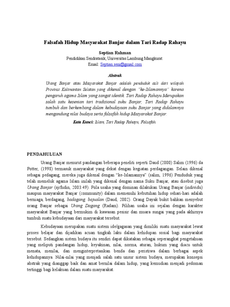Falsafah Hidup Masyarakat Banjar Dalam Tarian Radap Rahayu Pdf