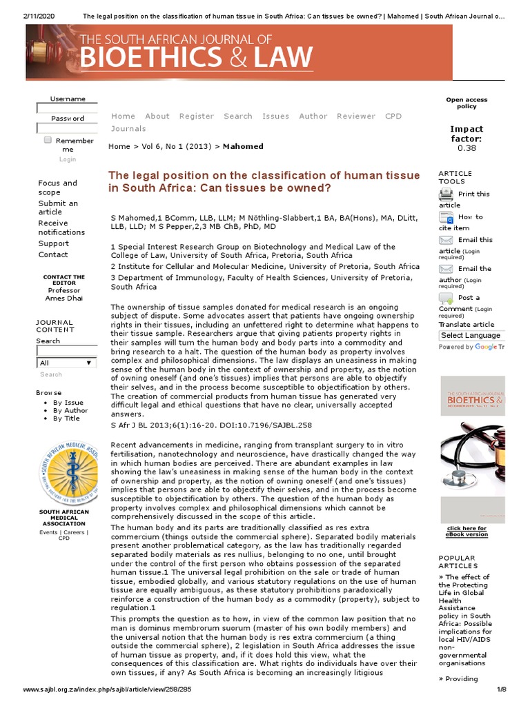 The Legal Position On The Classification of Human Tissue in South ...