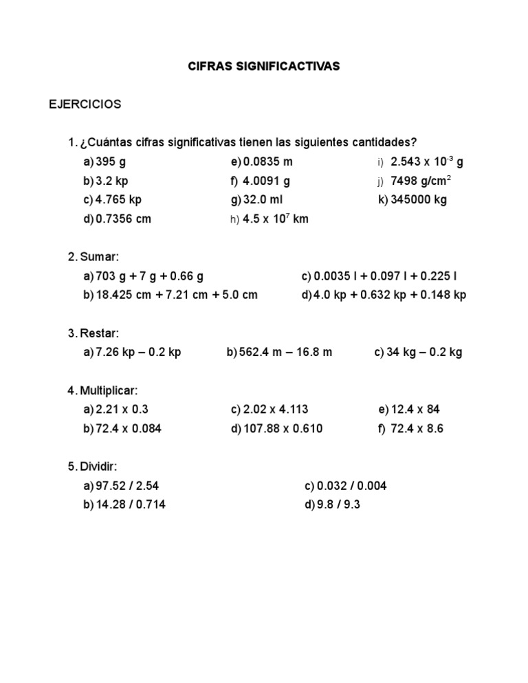 Cifras significativas ejercicios