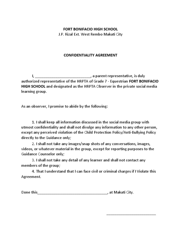 Confidentiality Form FORT BONIFACIO HIGH SCHOOL | PDF