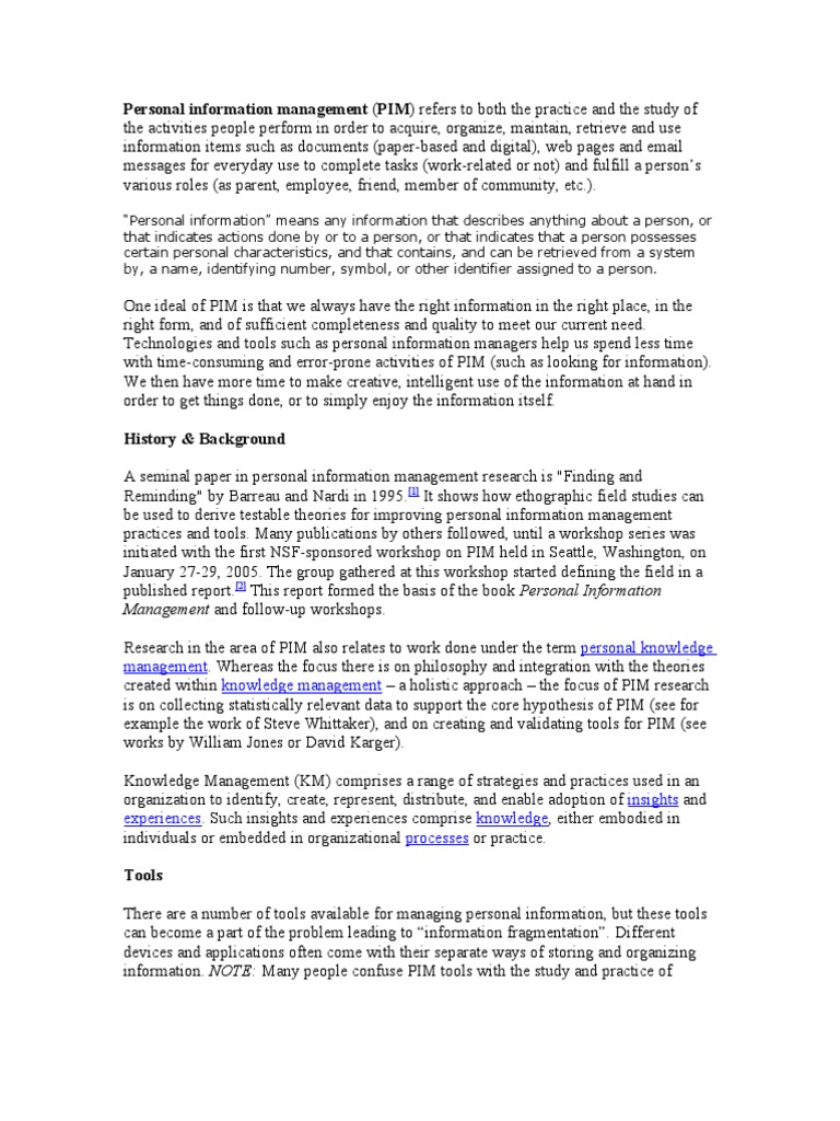 Personal Information Management (PIM) Refers To Both The Practice and