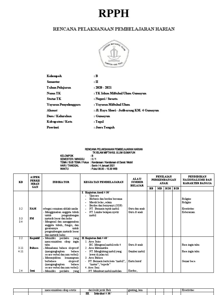 RPPH TK B Semester 2 PAUD 2020/2021 | PDF