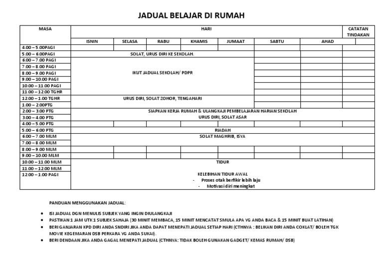 Jadual Belajar Di Rumah Pdf