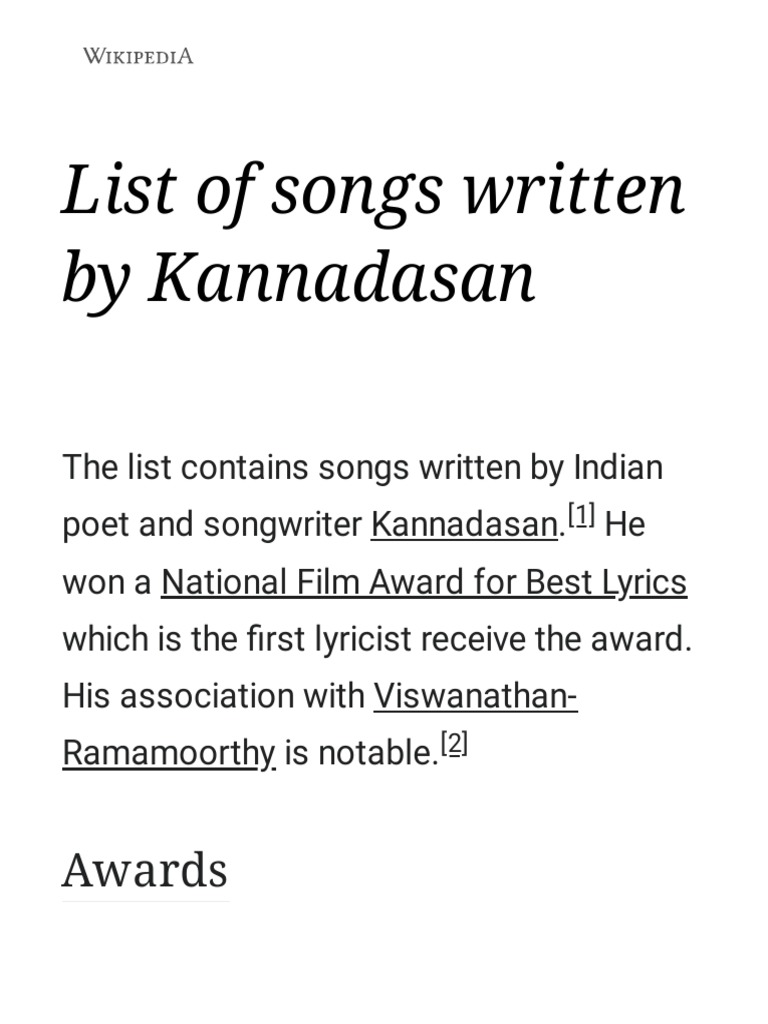 Top Kannadasan Songs and Lyrics | PDF | Tamil Cinema | Cinema Of India