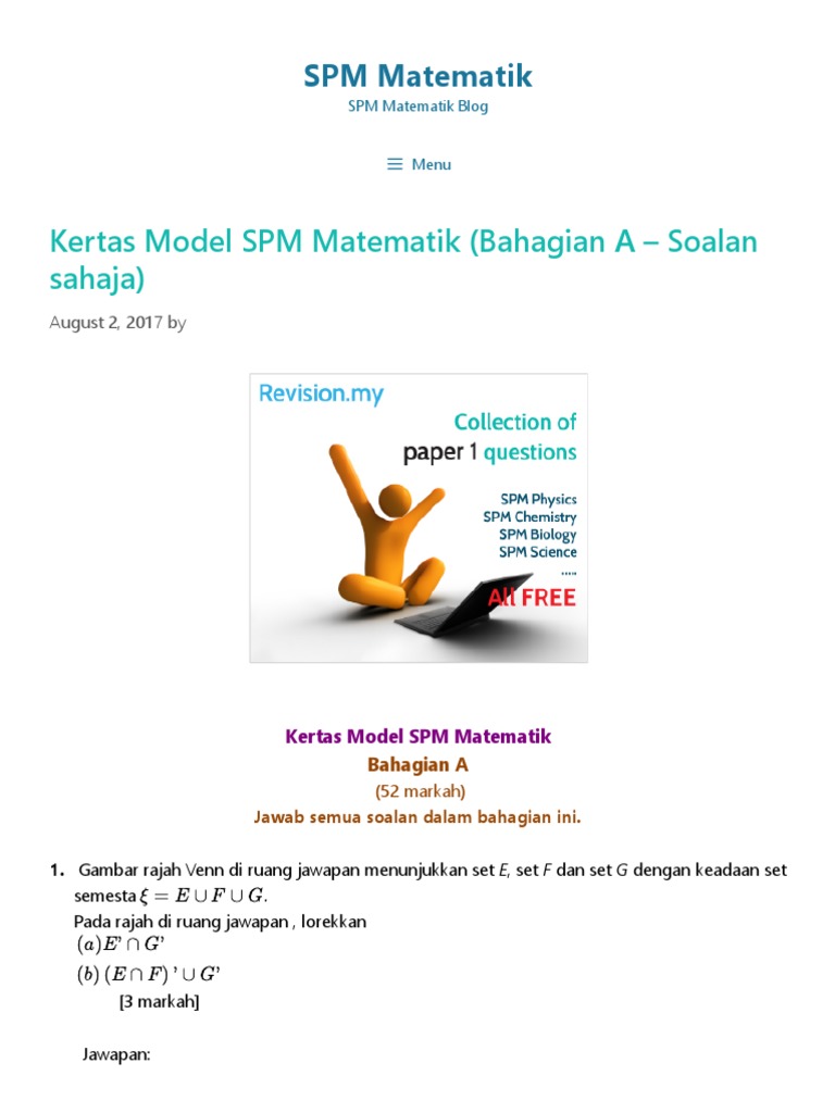 Kertas Model Spm Matematik Bahagian A Soalan Sahaja Spm Matematik Pdf