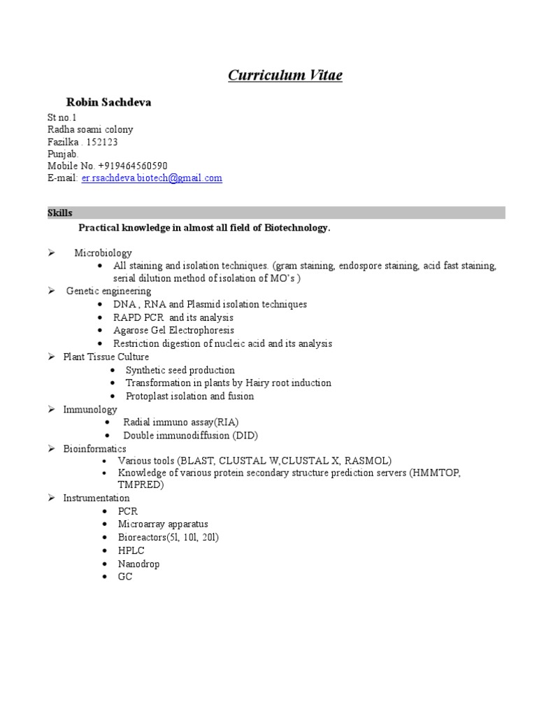 Robin Sachdeva's Biotechnology CV | PDF