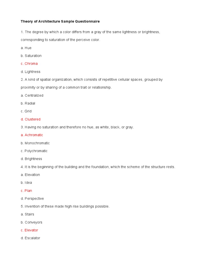 Theory of Architecture Sample Questionnaire | PDF | Color | Vision