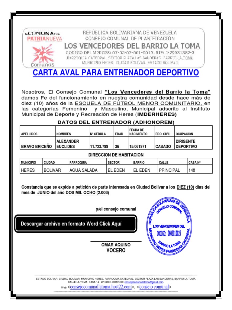 CONSEJO COMUNAL FORMATO MODELO EJEMPLO CARTA AVAL