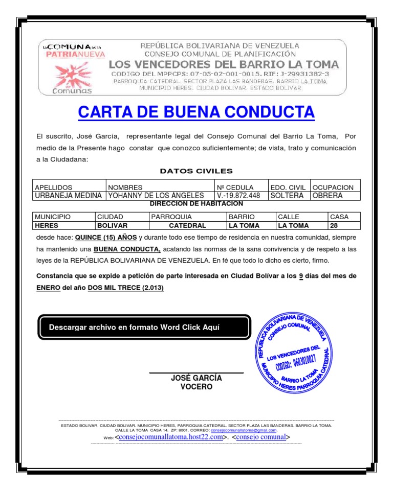 FORMATO MODELO EJEMPLO Carta de Buena Conducta