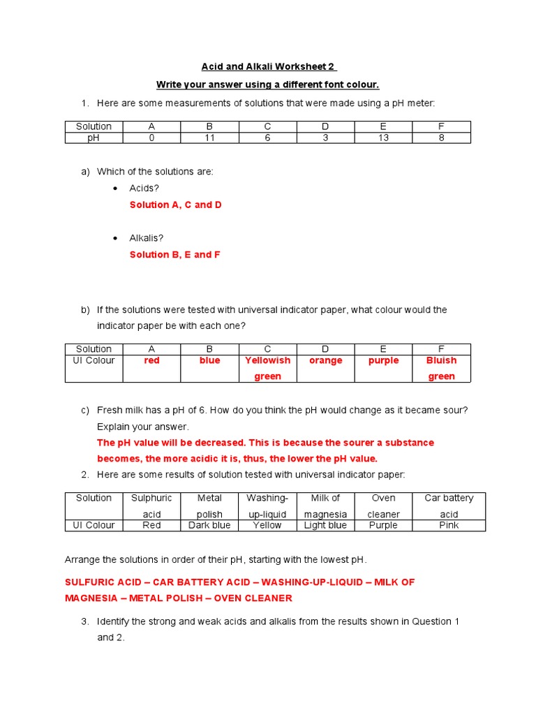 Acid and Alkali Worksheet 25  PDF  Taste  Acid Intended For Ph Worksheet Answer Key