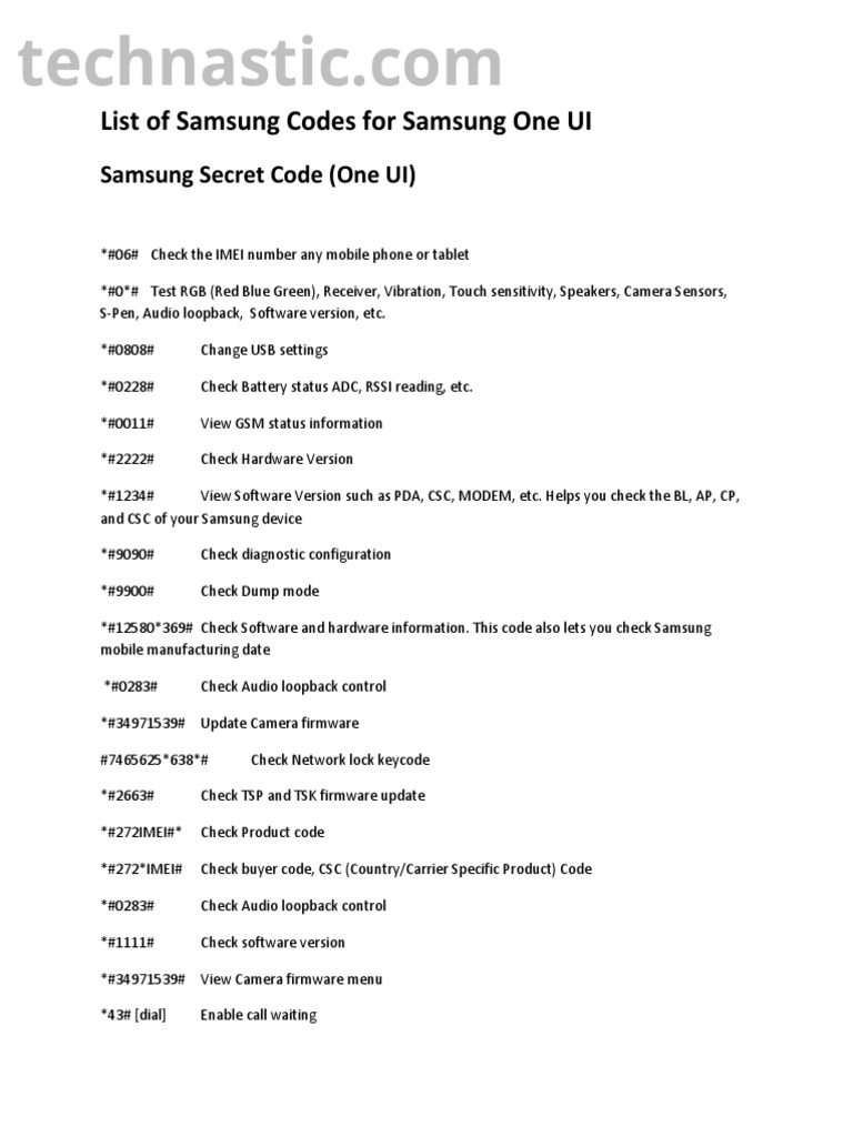 List of Samsung Codes For Samsung One UI PDF Bluetooth Usb