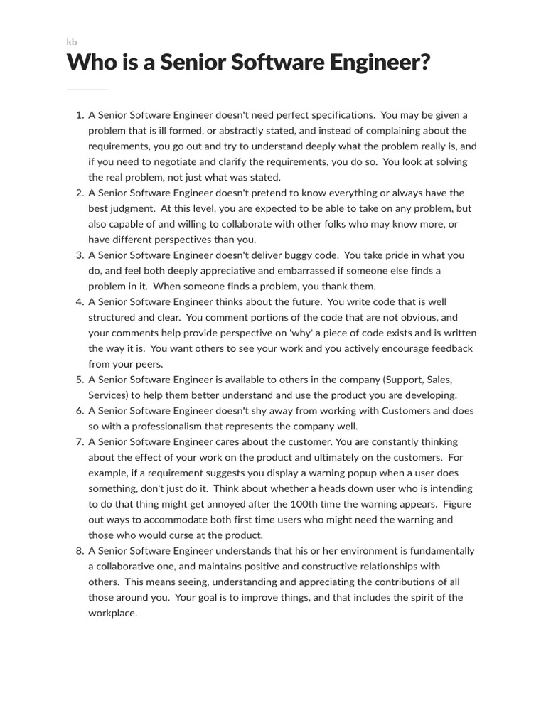 Senior Software Engineer Role Explained | PDF | Software ...
