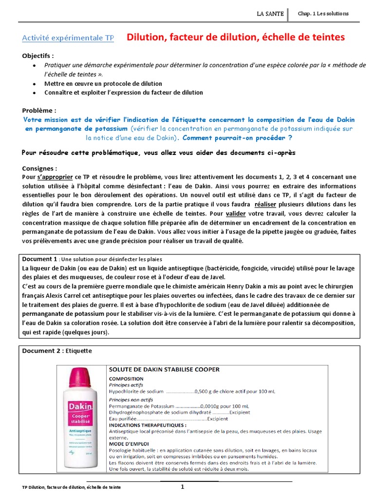 L Eau De Dakin Exercice Corrigé 14 TP Dilution Echelle de Teinte | PDF | Substances chimiques | Chimie