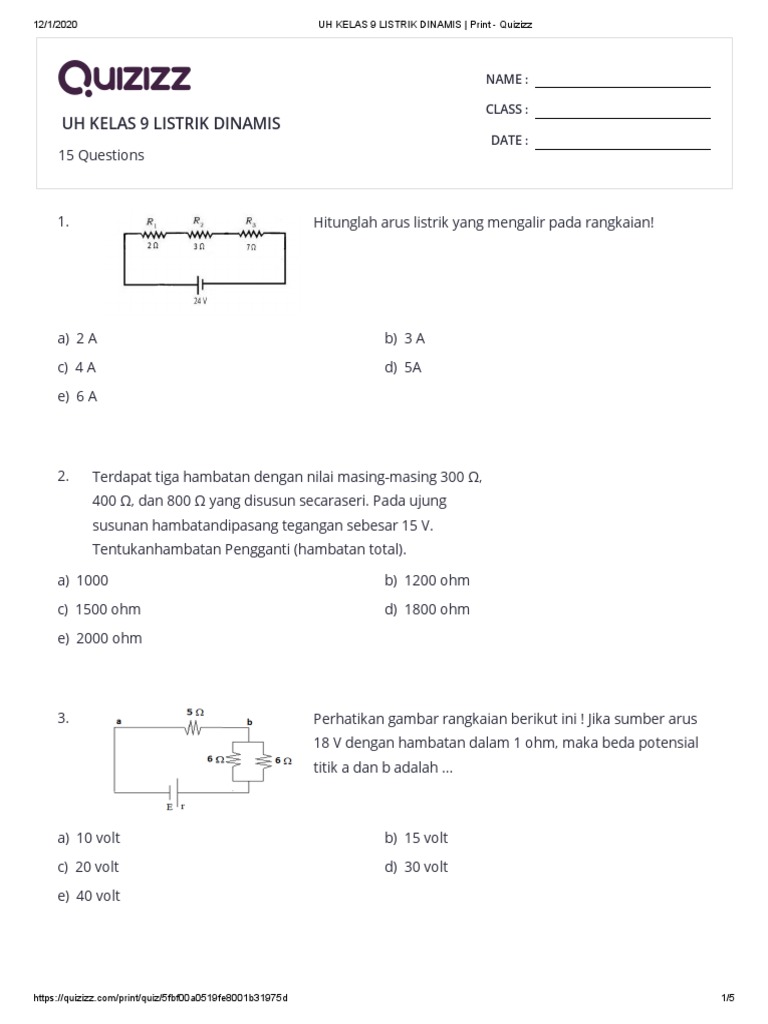 Soal Listrik Dinamis Kelas 9 Quizizz | PDF