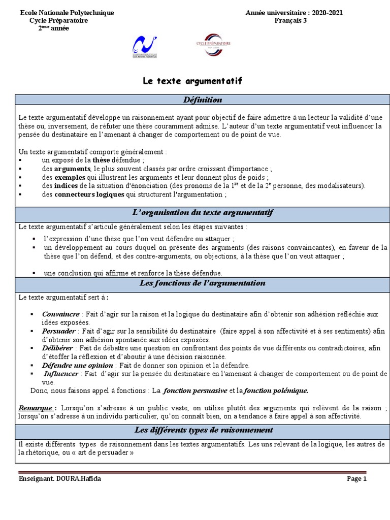 Texte Argumentatif Cours Français 3 Cpi 2020-2021 | PDF | Argumentation ...