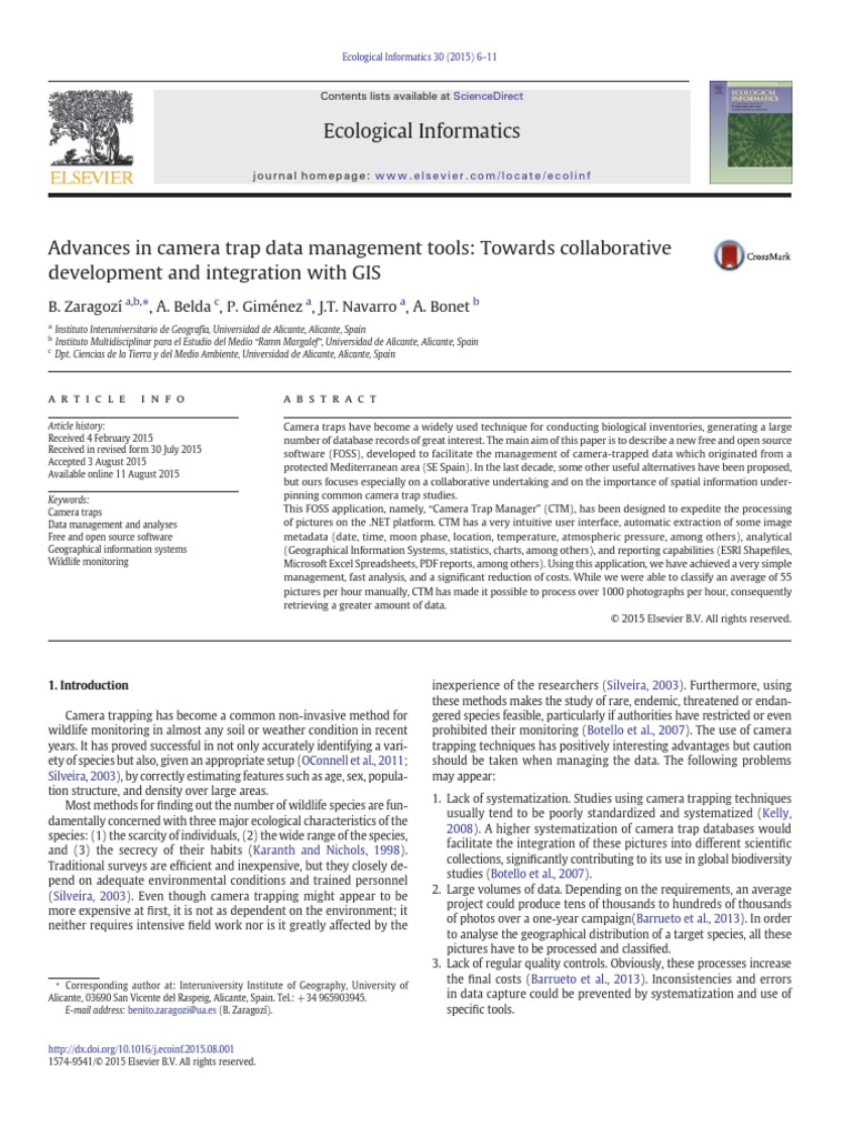 Ecological Informatics: B. Zaragozí, A. Belda, P. Giménez, J.T. Navarro ...