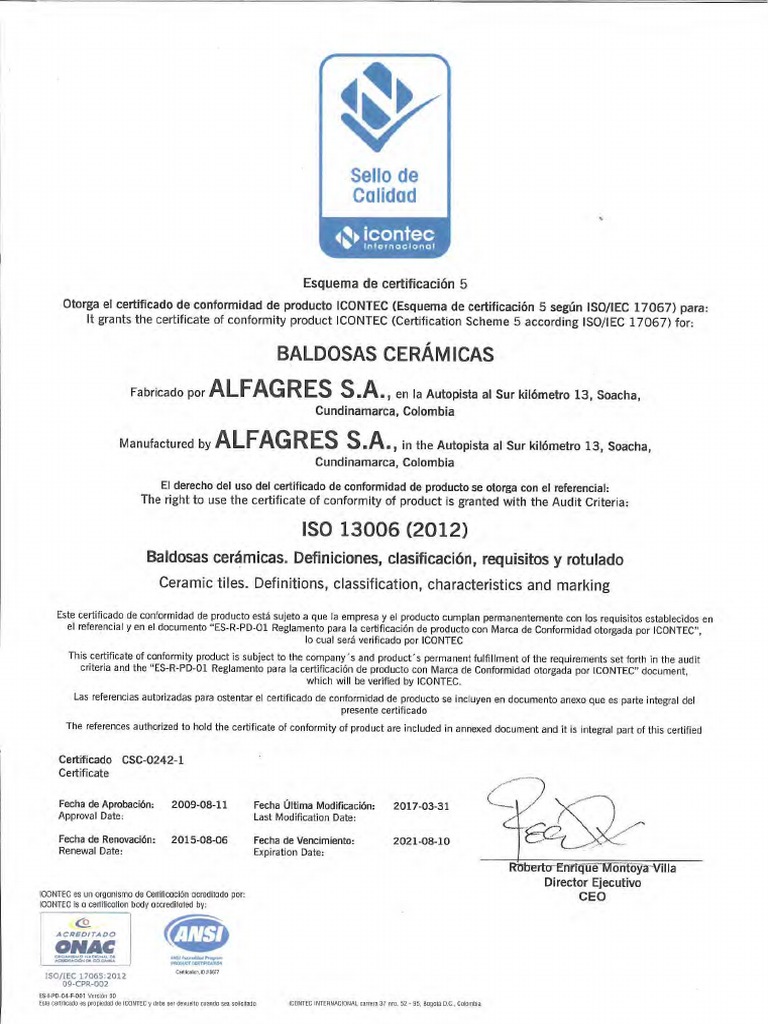 Certificado Alfagres Iso 13006 2012 | PDF