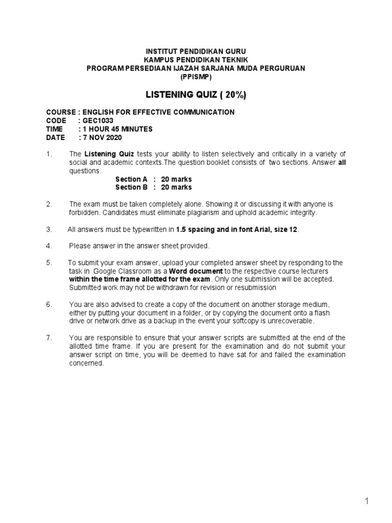 Listening Quiz for Effective Communication | PDF | Test (Assessment ...