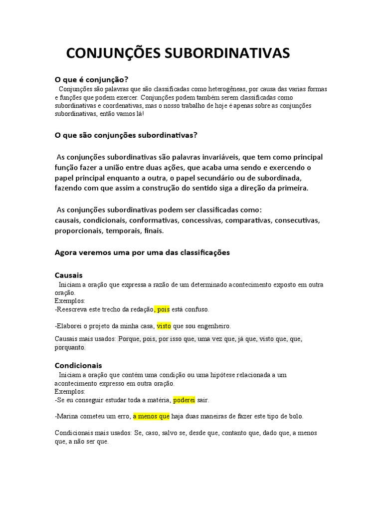 Classificação das Conjunções Subordinativas | PDF