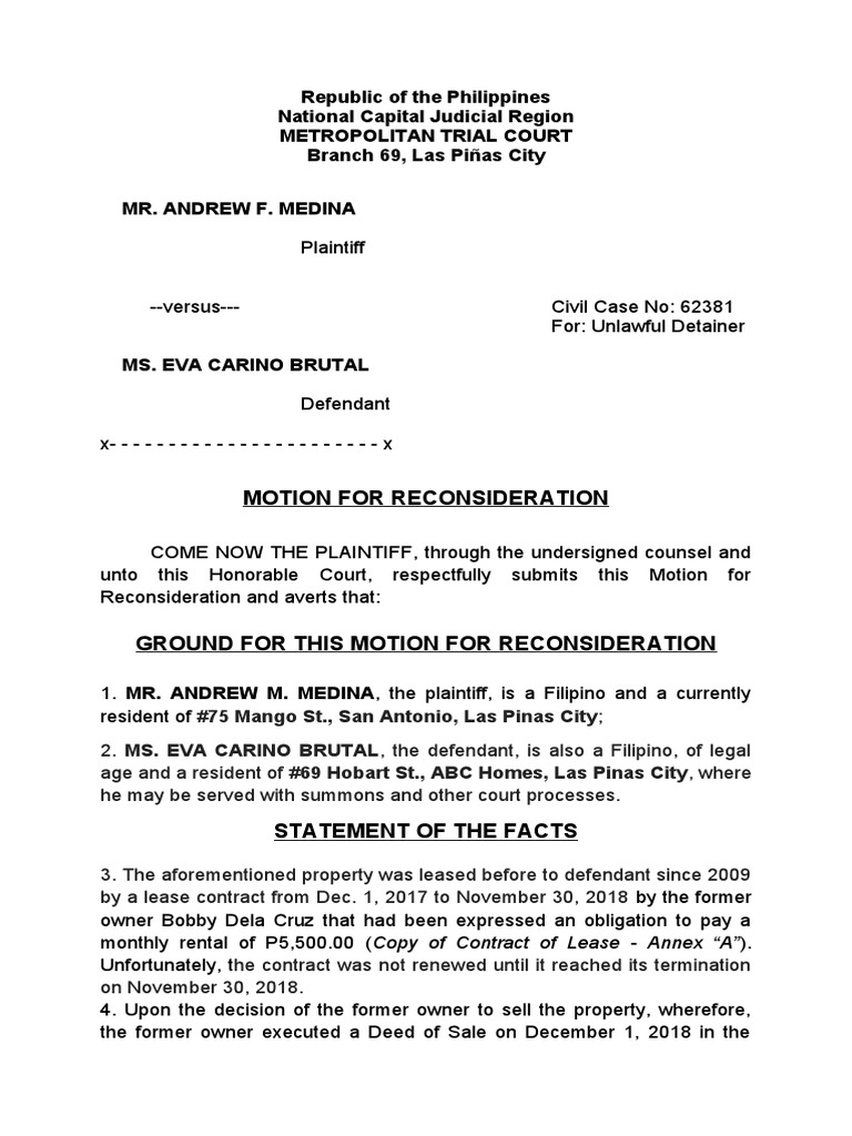 Motion for Reconsideration in Detainer Case | PDF | Lease | Lawsuit