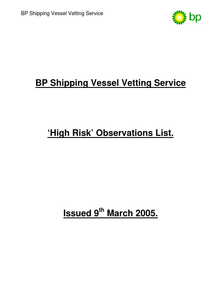 BP High Risk List A4 Rev2005 | PDF | Oil Tanker | Energy And Resource