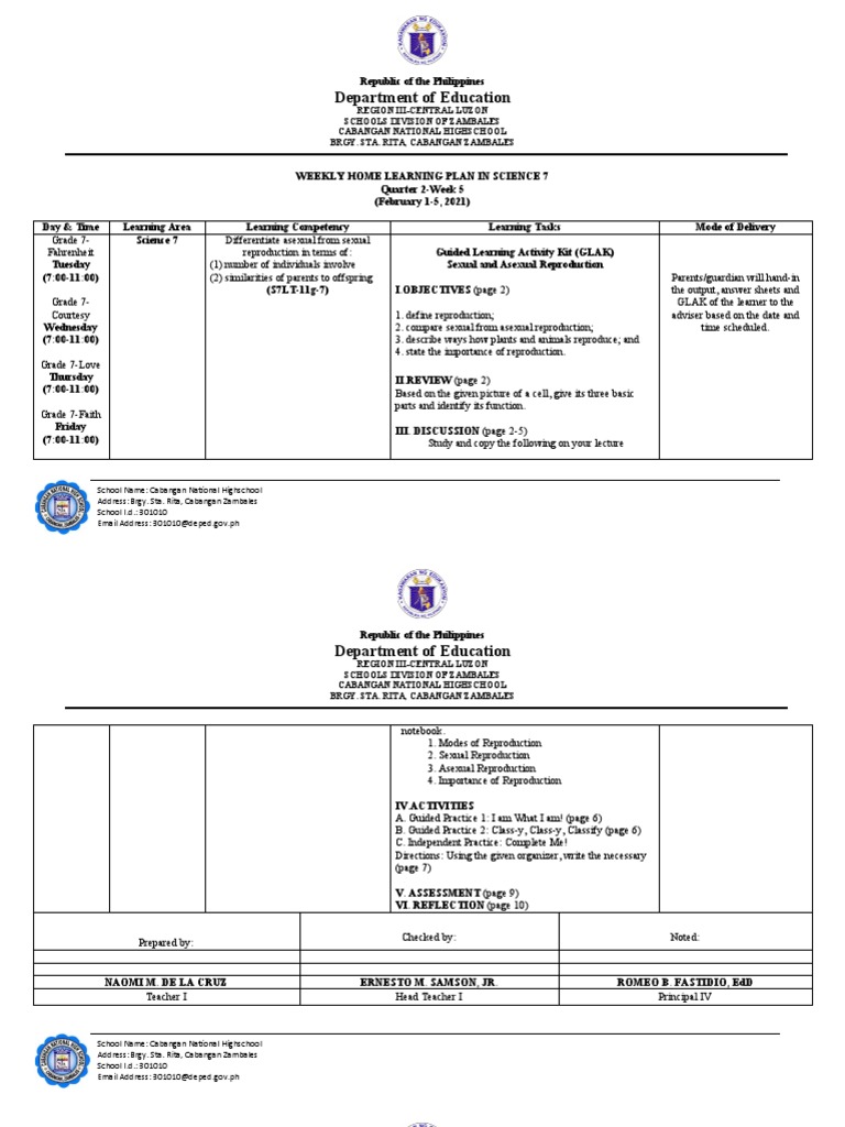 Science 7 Weekly Plan: Week 5 | PDF | Reproduction | Behavior Modification