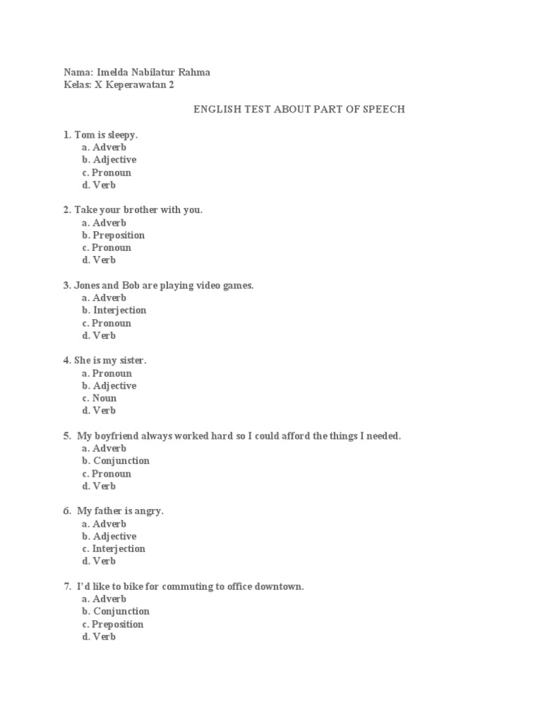 English Test About Part of Speech | PDF | Adverb | Adjective