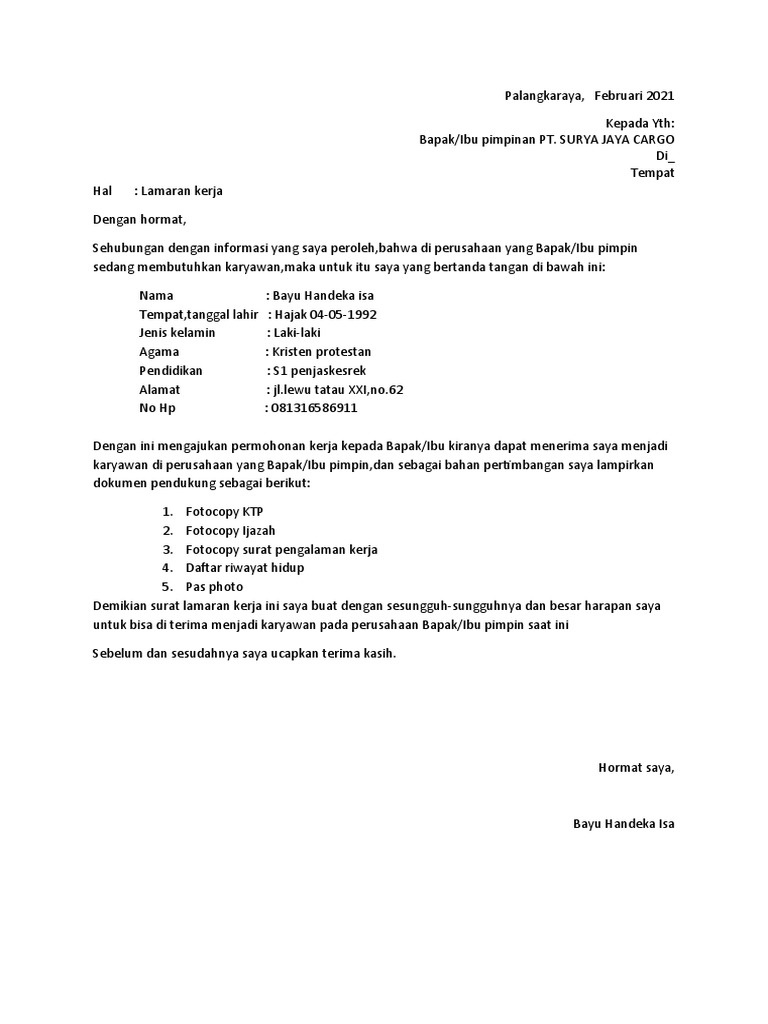 Lamaran Kerja PT - Surya Jaya Cargo | PDF
