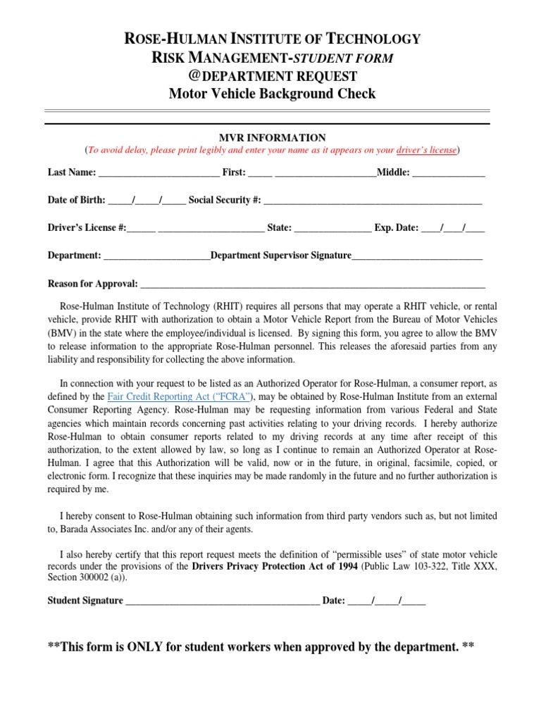 Rose-Hulman Motor Vehicle Check Form | PDF | Privacy | Government