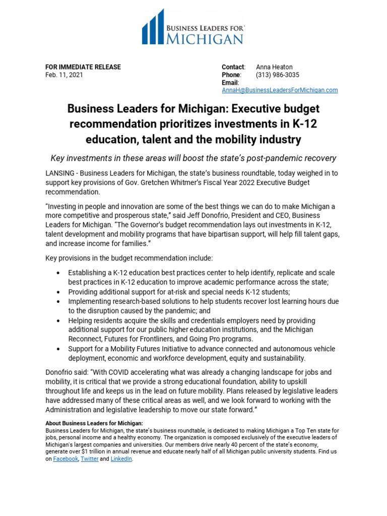Business Leaders For Michigan Executive Budget 2021 PDF