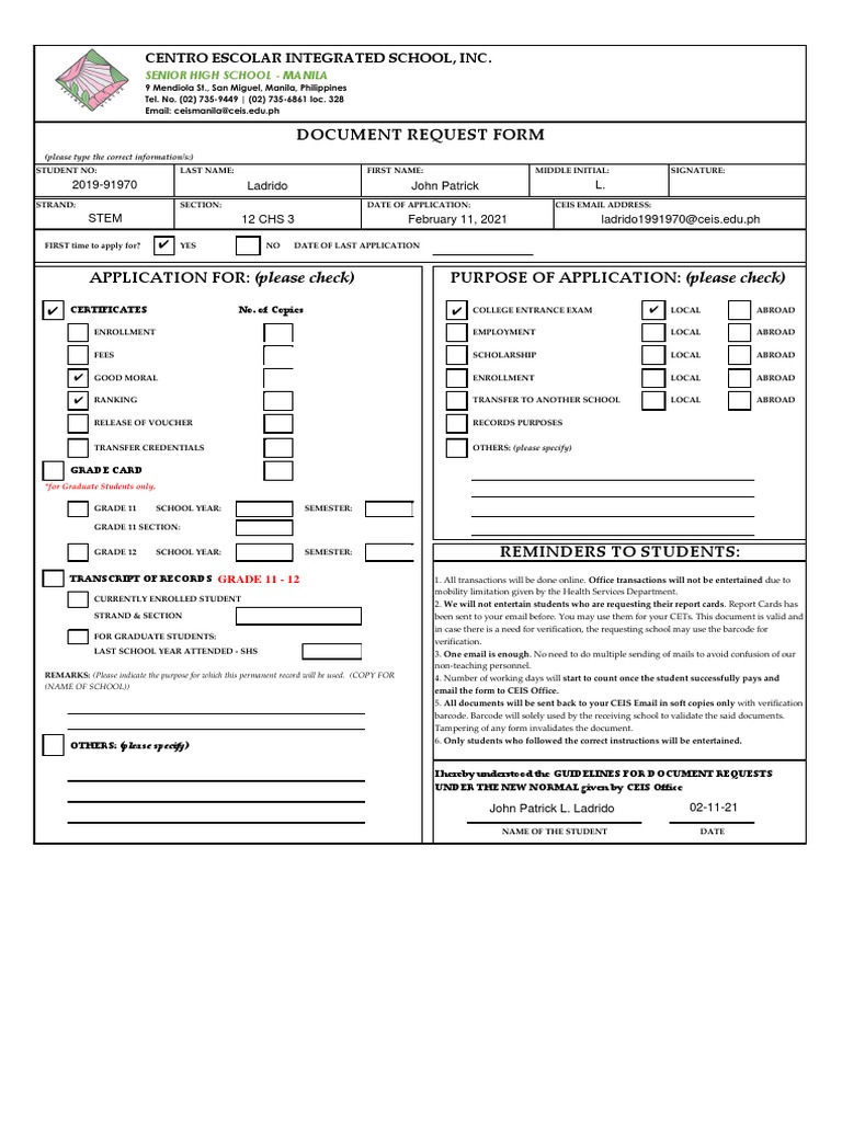Document Request Form: APPLICATION FOR: (Please Check) PURPOSE OF ...