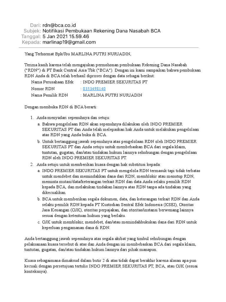 Konfirmasi Pembukaan RDN di BCA | PDF
