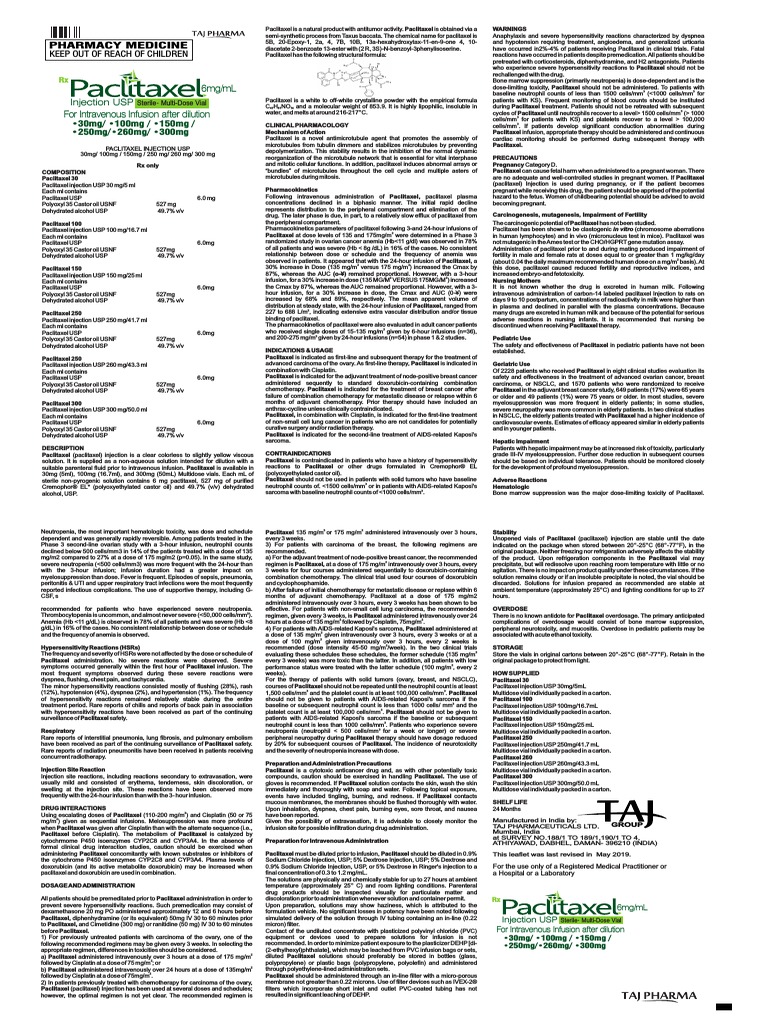 Paclitaxel For Injection Usp 6 MG Per ML (Package Leaflet) Taj Pharma