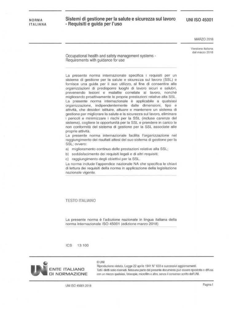Uni Iso 45001 - 2018 It | PDF