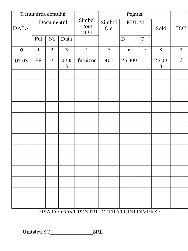 Model - Fisa de Cont PT Op - Diverse 2131 | PDF