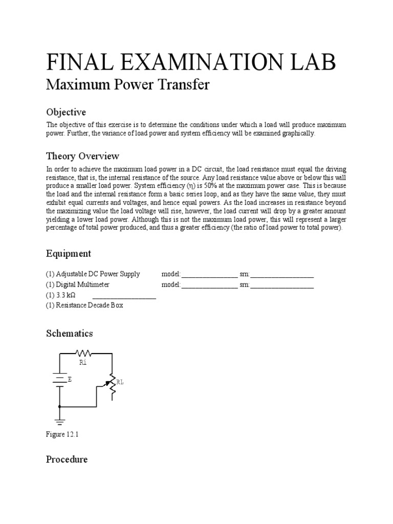 Final Examination Lab: Maximum Power Transfer | PDF | Electrical ...