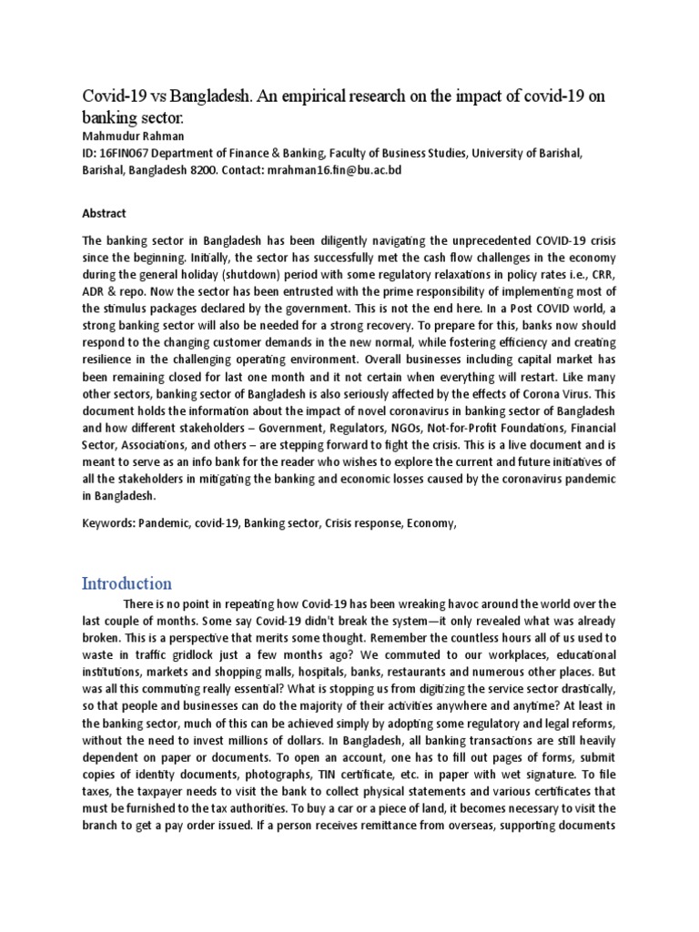 Paper On Covid-19 Impact On Banking Sector Bangladesh | PDF