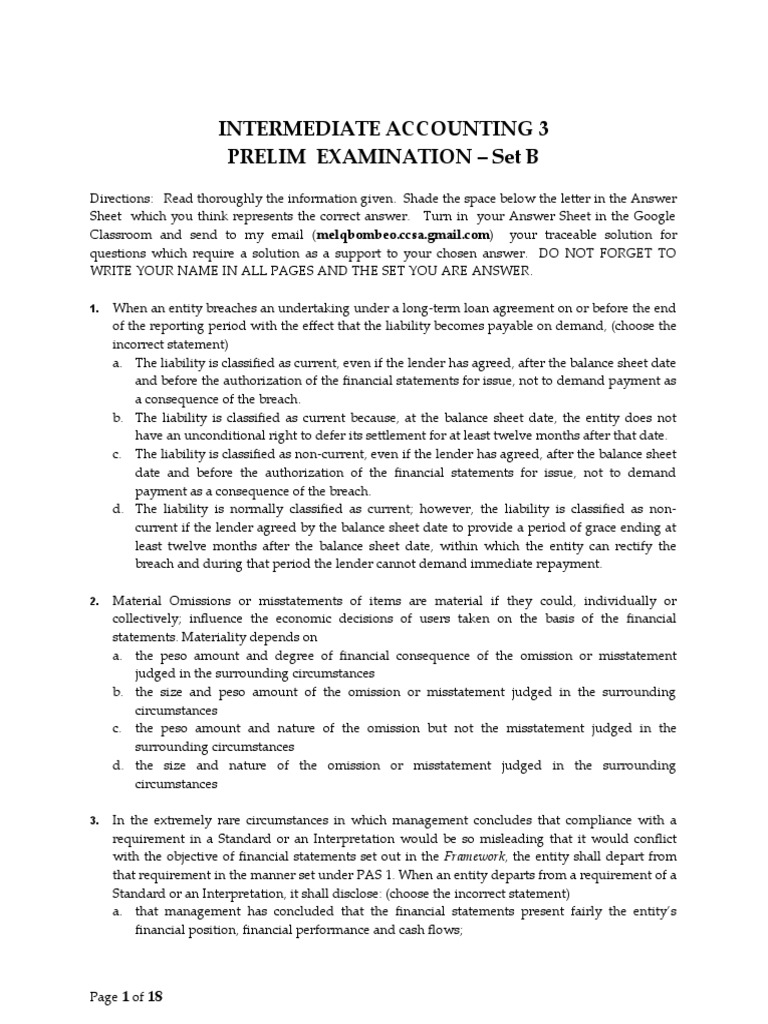 Intermediate Accounting 3 Prelim Exam Set B | PDF | Going Concern ...