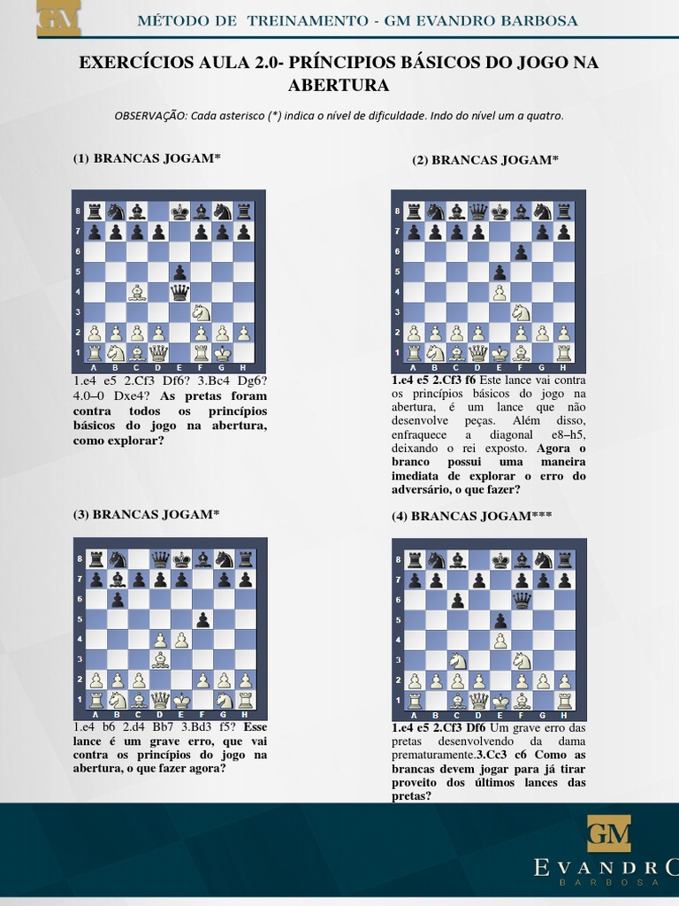 Exercícios Aula 2.0 Princípios Básicos Do Jogo Na Abertura, PDF, Aberturas  (xadrez)