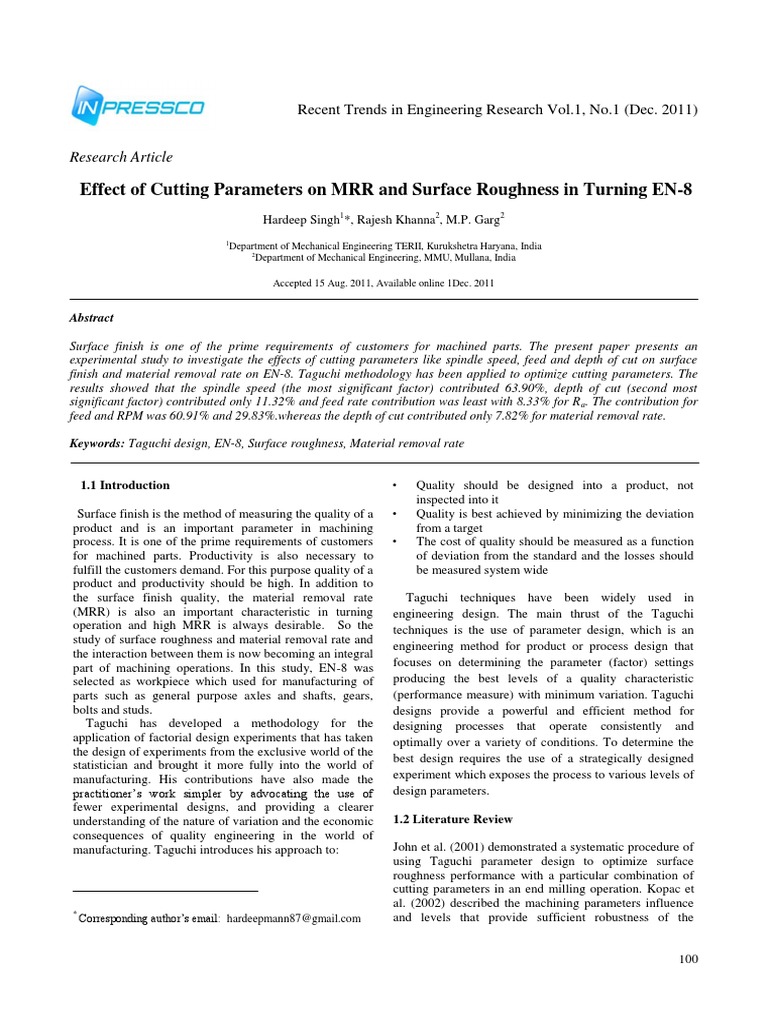 Impact of Cutting Parameters on Surface Finish | PDF | Machining ...