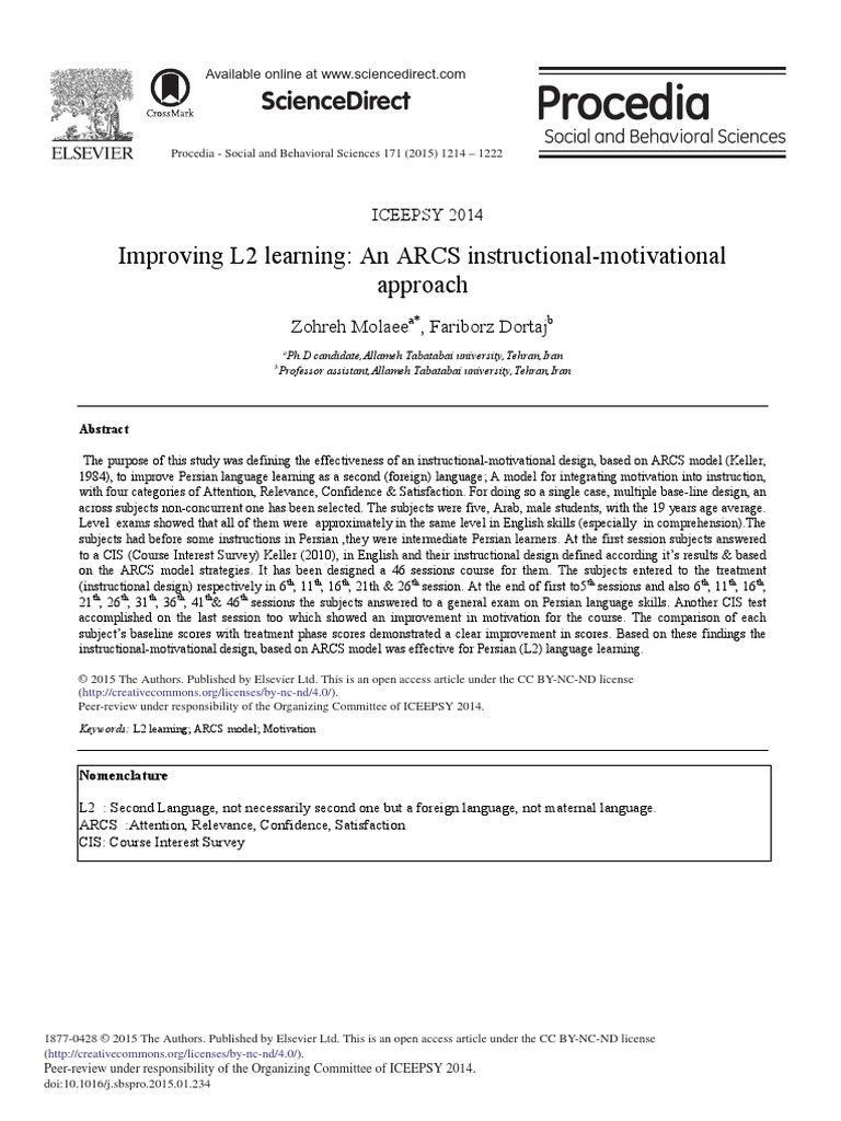 Sciencedirect: Improving L2 Learning: An Arcs Instructional ...