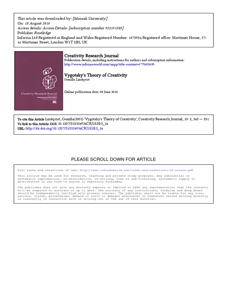 LINDQVIST-Vygotsly Theory of Creativity | PDF | Thought | Aesthetics