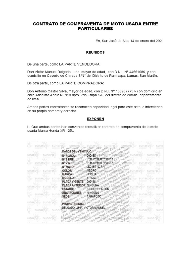 Contrato de Compraventa de Moto Usada Entre Particulares | PDF ...