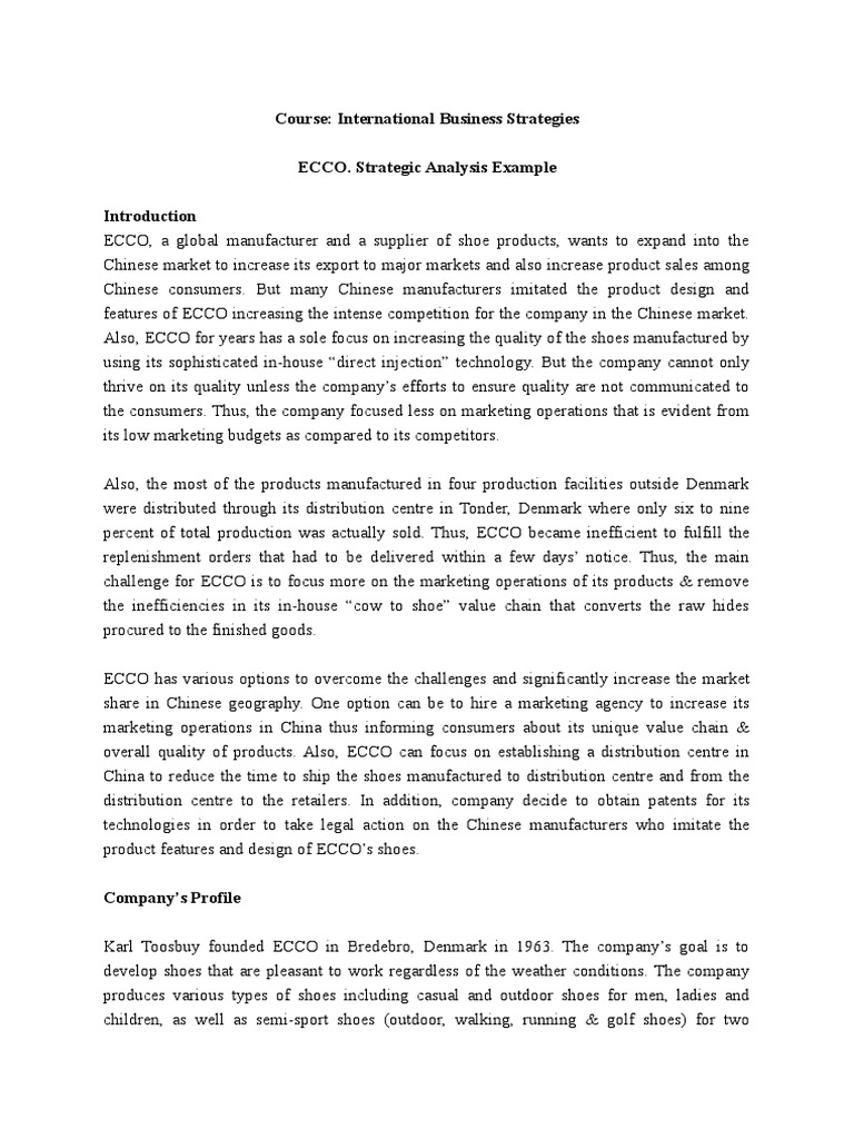 Course: International Business Strategies ECCO. Strategic Analysis ...