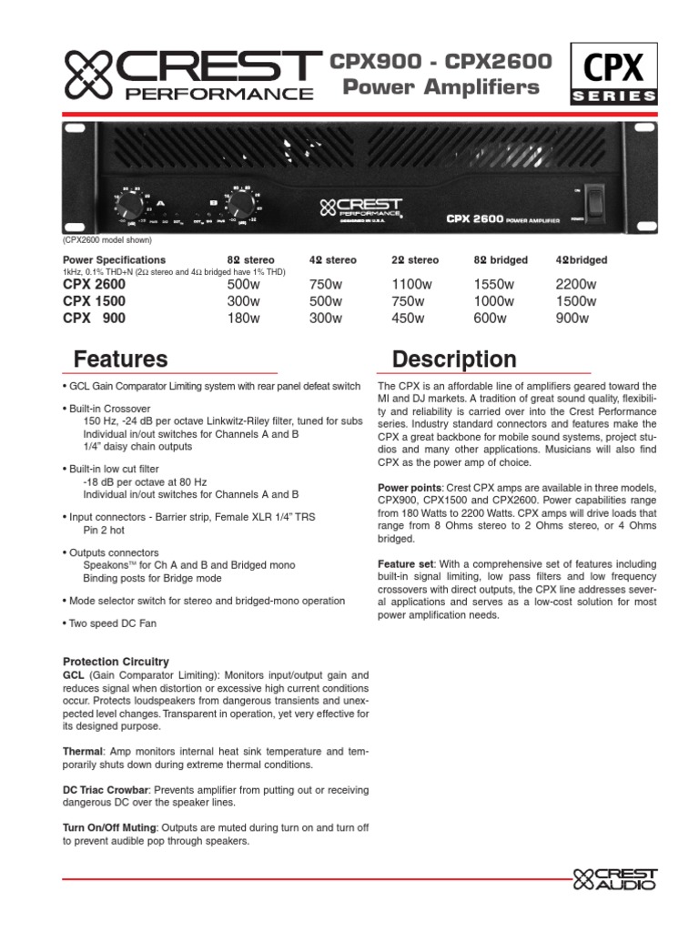 Crest CPX 1500 Power Amplifier Specs | PDF | Amplifier | Loudspeaker